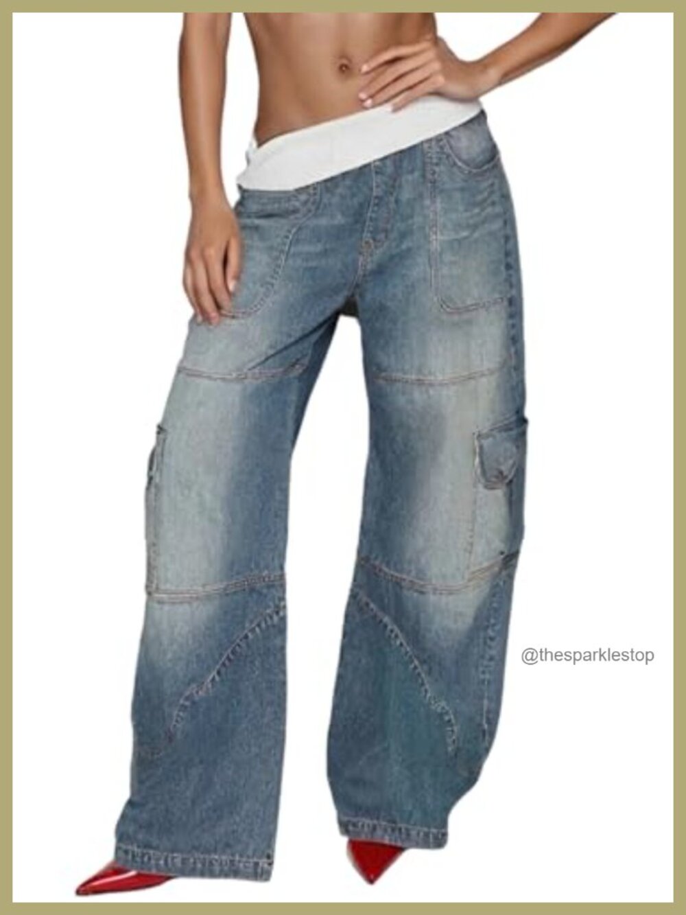 Barrel Cargo Jeans High Waisted Patchwork Denim Pants